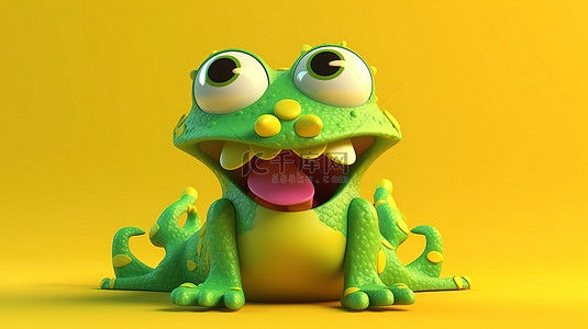 可爱怪物背景图片_可爱的 3D 插图，绿色青蛙怪物张开嘴，俏皮的黄色背景，非常适合儿童设计
