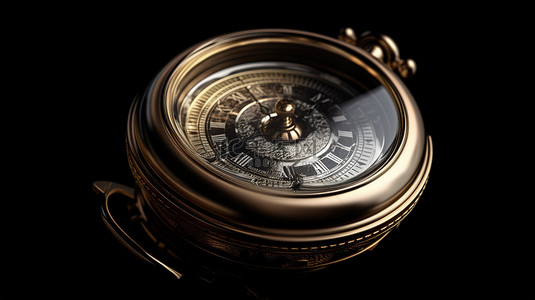 关闭一个古董金色圆形时钟在 3D 插图与孤立的黑色背景与秒表图标和复古定时器标志