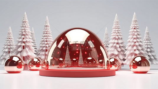 喜庆红色和白色玻璃圆顶圣诞树的 3D 插图，配有适合新年背景的礼物