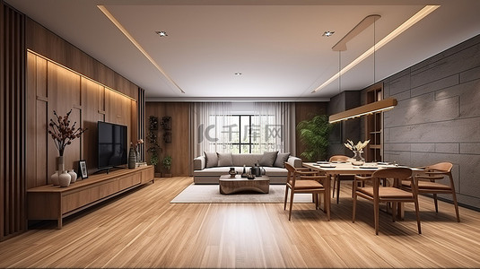 起居室背景图片_精致而现代的起居室和餐厅，在 3D 渲染中带有木质装饰