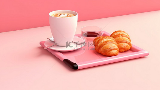美味的双咖啡杯和羊角面包搭配汉堡盘和剪贴板，呈现生动的粉红色 3D 渲染