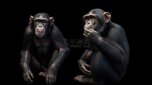 猴子下山背景图片_黑色背景展示了站立的黑猩猩猴子遮住耳朵的 3D 插图