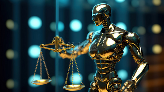 3D渲染的人工智能机器人具有象征互联网法概念的法律规模