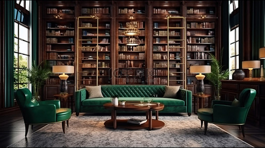 迷人的装饰艺术图书馆酒吧复古优雅的现代风格 3D 渲染