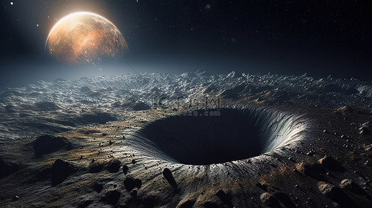 月球背景图片_以太阳和星空为背景的月球陨石坑的 3d 渲染