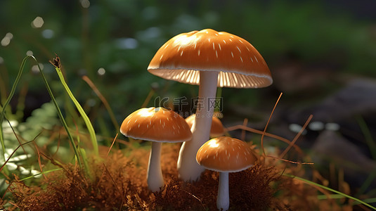 蘑菇的 3d 渲染，细节逼真