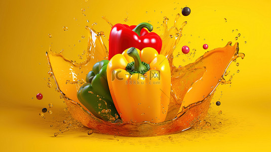 充满活力和艺术的黄色背景，带有胡椒和果汁飞溅 3D 插图，以 3D 渲染