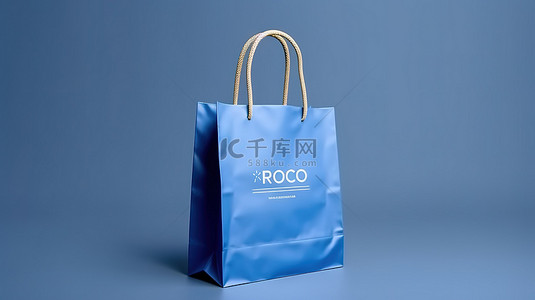 袋子样机背景图片_可回收纸板购物袋的蓝色背景样机 3D 渲染包装