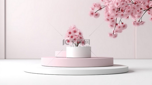 日本樱花背景图片_红色的花朵和现代粉色平台，用于白色背景上的 3D 产品展示