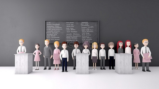 教师背景图片_白色背景，男女教师站在空荡荡的教室和 3D 插图中描绘的黑板前排成一排