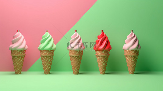充满活力的绿色抽象背景上的 3D 渲染草莓粉色冰淇淋锥