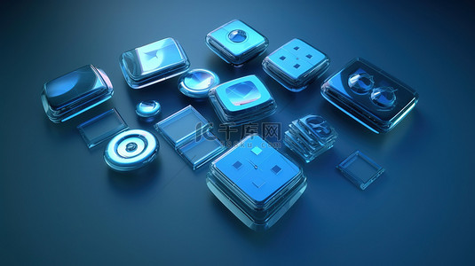 音乐播放器背景背景图片_蓝色背景，带有一组 3D 渲染媒体播放器按钮图标