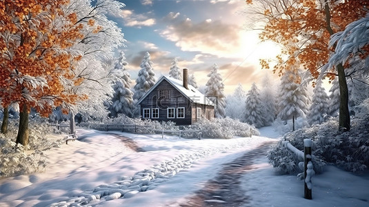 白雪皑皑的树林中迷人的小屋冬季仙境场景 3D 插图渲染