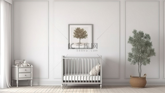 现代托儿所，配有金属婴儿床白墙和 3D 渲染中的方形框架模型