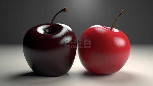 苹果和樱桃的单色红色水果 3d 图标促进平面颜色的健康食品
