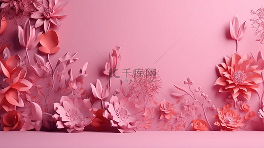 3d 渲染中的花卉边框和粉红色背景