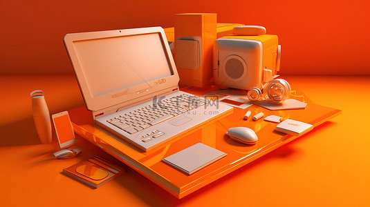 苹果电脑背景图片_橙色主题 3D 笔记本电脑和办公桌配件