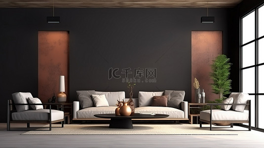 现代休息室与 3D 渲染黑棕色墙壁背景