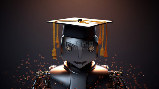 看电子书背景图片_戴着毕业帽的机器人通过 3D 渲染描绘机器学习的概念