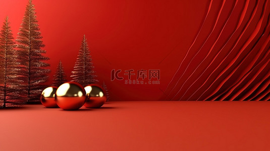 新年主题背景图片_3D 渲染圣诞红色背景，带有金色球和树叶，非常适合假期新年和冬季主题，具有充足的左侧可用空间