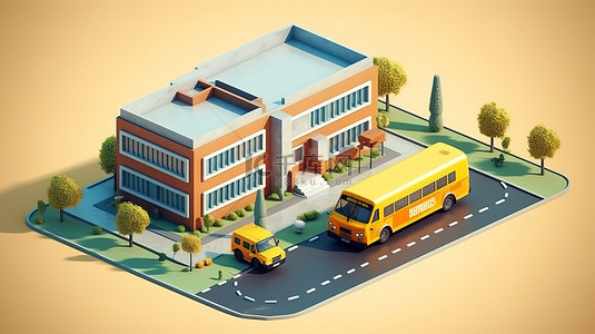带有校车的等距学校构图的 3d 插图
