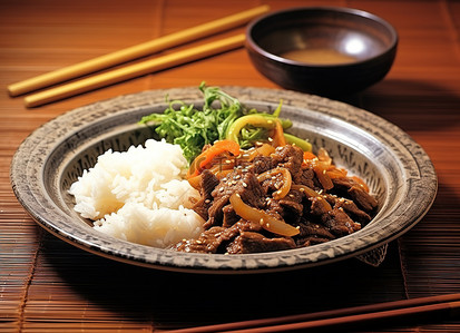 摆好碗筷背景图片_韩国炖牛肉配胡萝卜白菜和米饭在托盘上