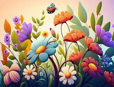可爱的小花植物蝴蝶卡通的花卉背景