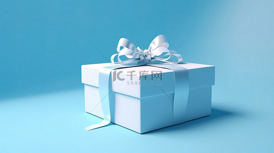 逼真的 3D 渲染白色礼盒，蓝色丝带和蓝色背景纸