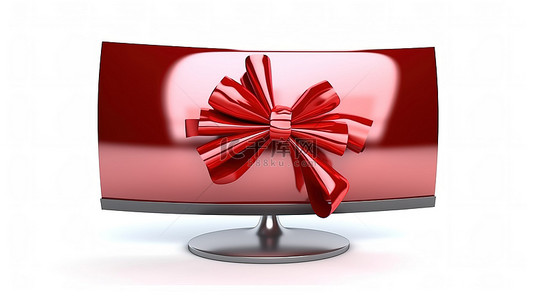 白色背景 3D 渲染上的红丝带和蝴蝶结装饰智能弧形液晶等离子电视显示器