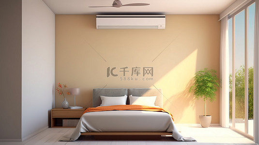 暖手背景图片_配备移动空调的卧室的 3D 渲染图像