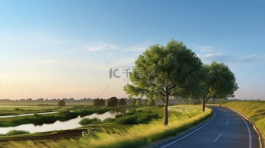 清晨宁静的 3D 插图，穿过绿树景观的道路