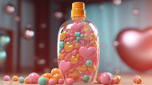 带气泡和心形设计的液体肥皂塑料瓶包装的 3D 渲染