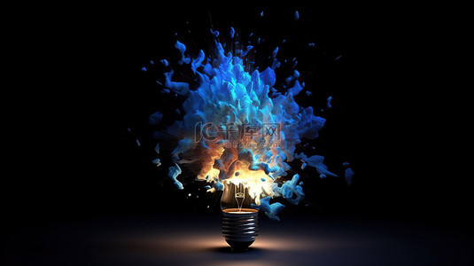 创新解决方案蓝色背景上爆裂灯泡的 3D 插图