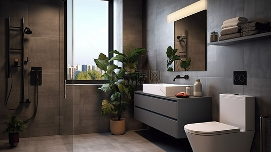 侧视桌面背景图片_侧视浴室内部的 3D 渲染，配有淋浴厕所和水槽
