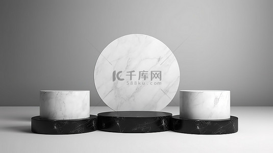 3D 渲染逼真的白色讲台，具有黑色大理石表面，用于在白色背景上展示产品