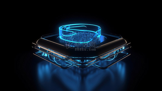 生动的蓝色霓虹灯 3D 5G 图标在时尚的黑色背景上展示，适合移动和智能小工具