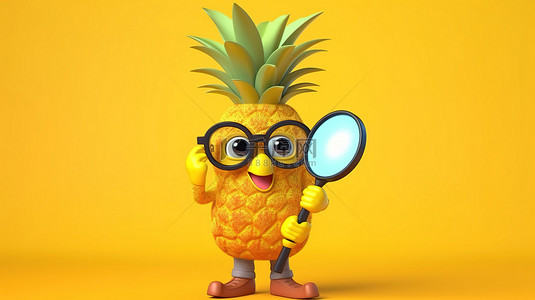 3D 渲染的卡通时髦菠萝吉祥物，在欢快的黄色背景上带有放大镜