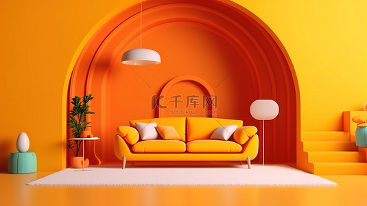 厂房背景图片_当代孟菲斯风格的室内空间，带有大胆的橙色墙壁和阳光明媚的黄色窗帘，背景为 3D 可视化