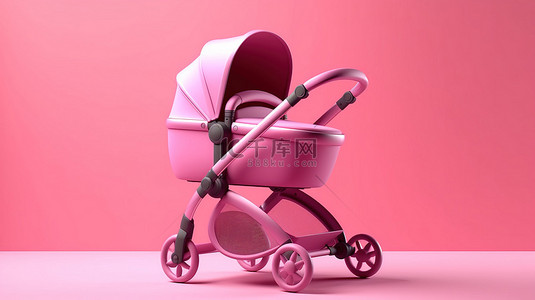 当代粉色婴儿车婴儿车和马车以双色调时尚在粉色背景 3D 渲染下进行模拟