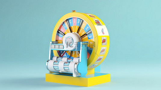 老虎机和轮盘赌轮以 3d 呈现在浅蓝色背景上，带有黄蓝色和白色