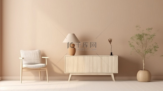 斯堪的纳维亚风格房间的内部 3D 渲染，配有米色墙柜和椅子