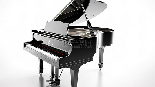 白色背景下近距离观察经典黑色钢琴的 3D 渲染