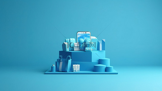 增强型电子商务蓝色讲台，带有购物袋和智能手机，带有 3D 蓝色背景插图
