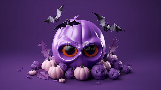 3D 渲染中紫色背景上的怪异万圣节眼球和蝙蝠