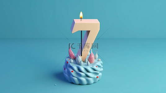 7 岁生日庆祝柔和的蛋糕，配有蜡烛和蓝色背景 3D 渲染图像，带有复制空间