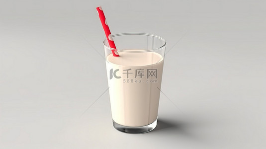 一杯牛奶中红色稻草管的白色背景 3D 渲染