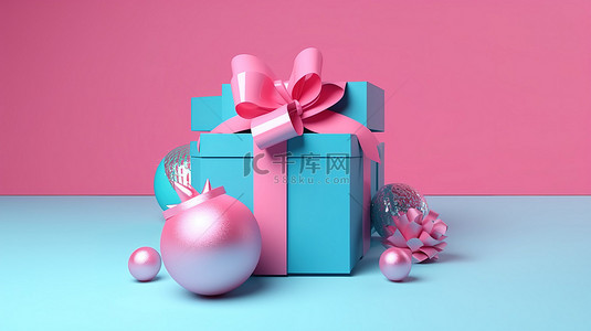 圣诞元旦节日背景图片_一个蓝色礼盒，上面有丝带，在节日的粉红色背景上为圣诞节和元旦渲染 3d