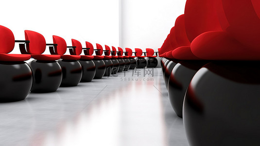 红色木质讲台周围环绕着黑色办公椅，采用简约的白色设置 3D 渲染