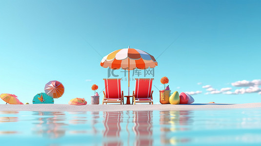 海边夏日幸福 3D 插图，配有太阳椅遮阳伞人字拖和漂浮物