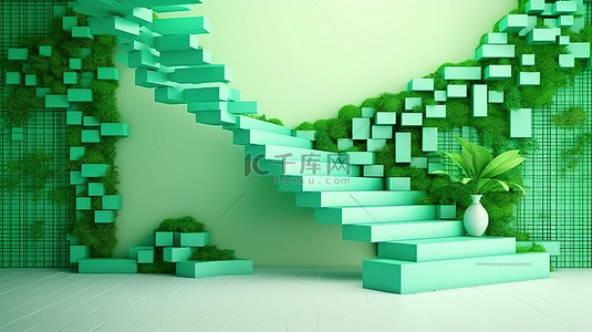 绿粉背景图片_绿色抽象背景中的 3D 渲染彩色几何楼梯